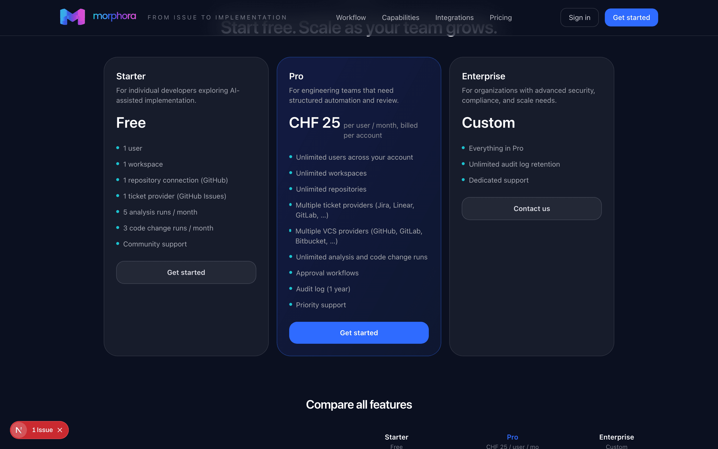 Pricing: Starter (Free), Pro (CHF 25/user/month), Enterprise (Custom)
