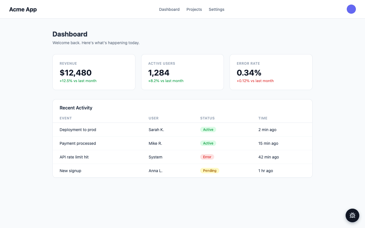 A website with the Morphora widget button visible in the bottom-right corner
