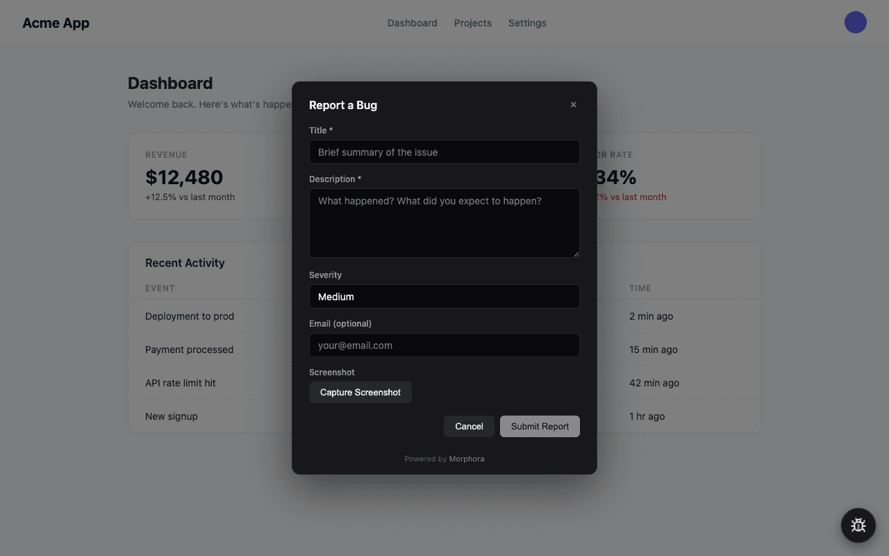 One widget, zero ticket systems — bug reporting made simple