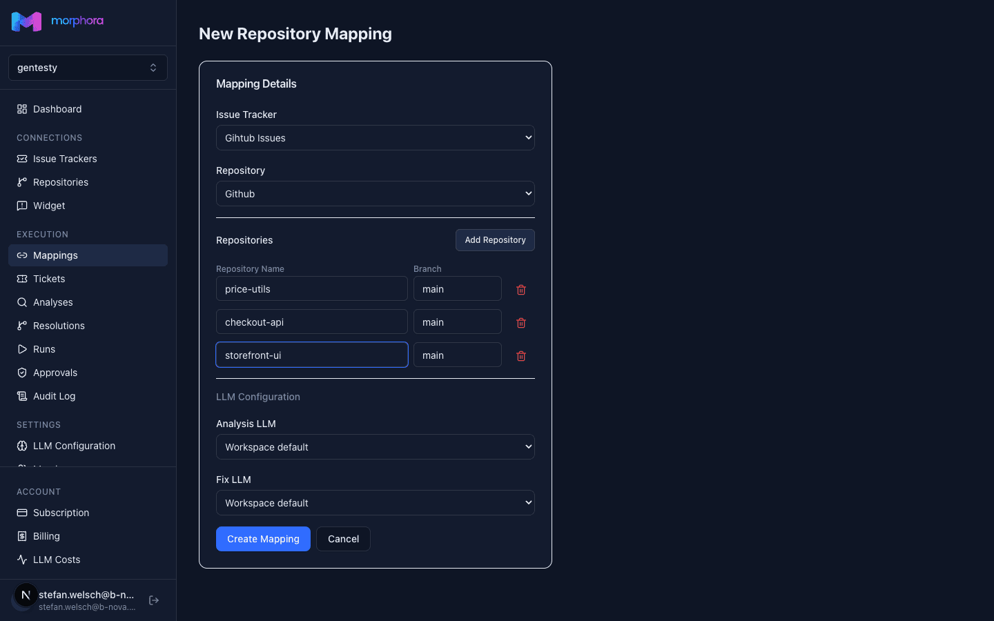 New mapping form with issue tracker, VCS provider, and three repositories