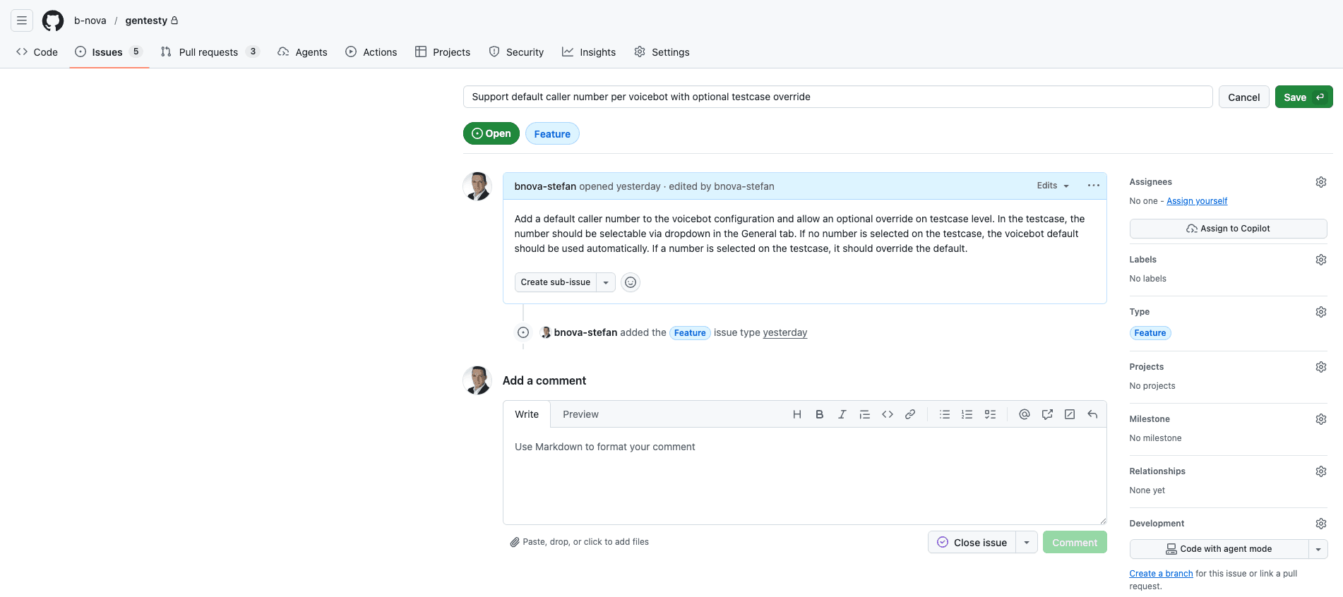 GitHub issue requesting per-test-case phone number support